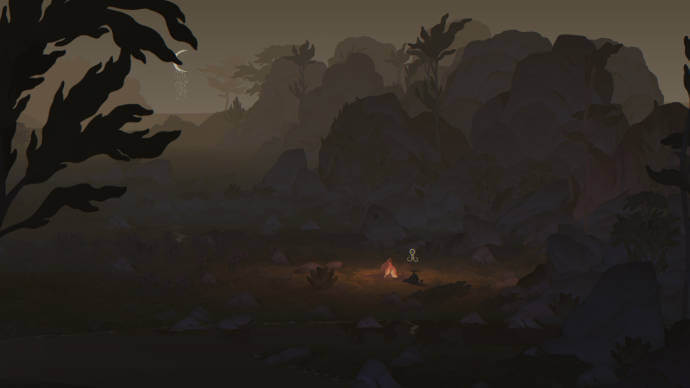 Picture of a dark mountain environment with a camp fire.